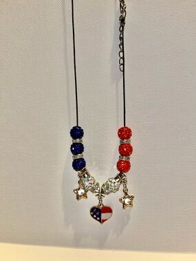 Patriotic Red, White & Blue Heart Pendant Necklace w/Star Charms & Rhin